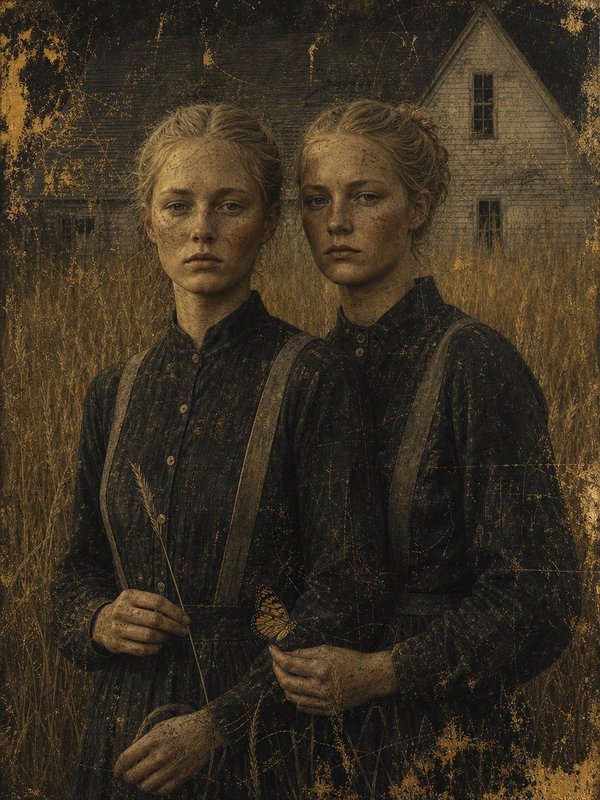 [Aged sepia portrait of blonde twin farm women standing in tall grass, weathered old farmhouse in the background, one hold...