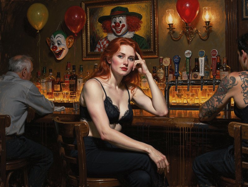 Pensive red-haired woman seated at a dim vintage bar with clown decor, warm atmospheric oil painting style
