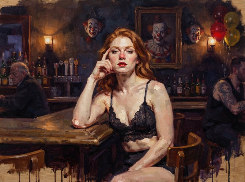 Impressionist oil painting of a pensive red-haired woman in lace seated at a clown-decorated dim vintage bar.