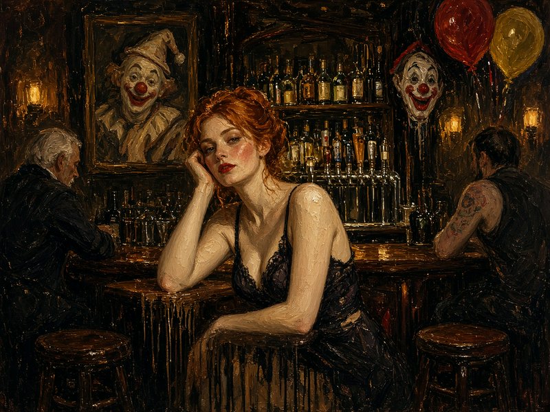 Impasto oil painting of a pensive red-haired woman seated alone at a dim vintage bar with clown wall decor.