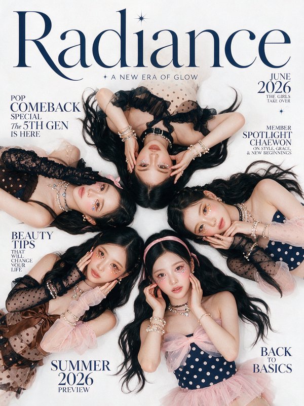 Radiance June 2026 magazine cover with 5 K-pop idols lying in a circular star formation on a soft white backdrop