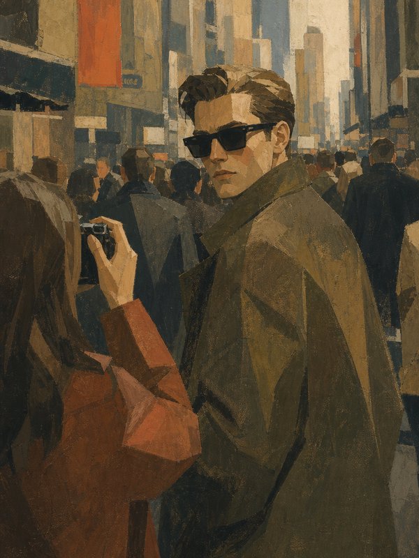 Cubist style painting of a stylish man in sunglasses on a busy downtown city street, as a woman takes his photo with a cam...