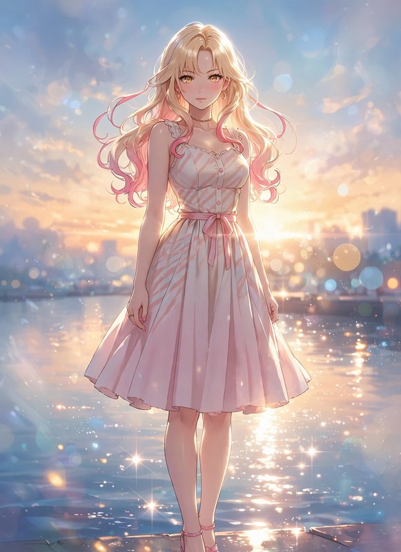 Range Murata + Makoto Shinkai, where Murata's smooth airbrushed anime rendering builds volume through soft cel fills bounded by clean thin linework, glazed specular highlights and porcelain skin gradients, and Shinkai's luminous backlighting produces halation and lens bloom via a warm-to-cool sunset gradient sky with mirrored specular sparkle on water. The fusion manifests as rim-lit contours dissolving into blown highlights, wet glossy reflections scattered as bright hot points, and detail concentrated on the figure while the field softens into pastel diffusion, transforming any subject through high-key backlit glamour.

Direct, bold eye contact, 2024 blond with pink tipped hair, pin up woman standing full body, dress