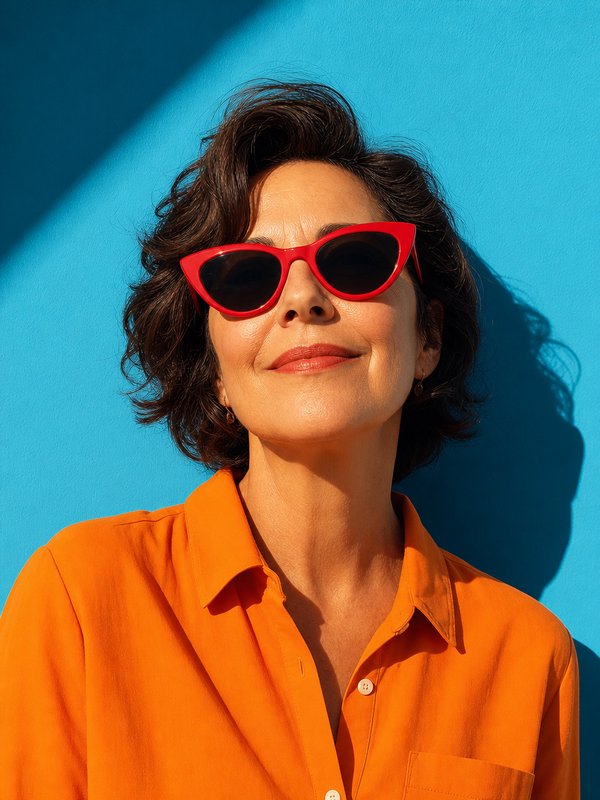 [Close-up portrait of a smiling woman in red cat-eye sunglasses and orange shirt against a bright sunlit blue wall]