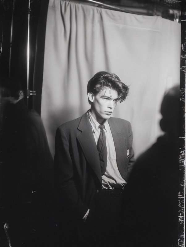 [Vintage black and white studio portrait of a stylish young man in a rumpled suit gazing off-camera]