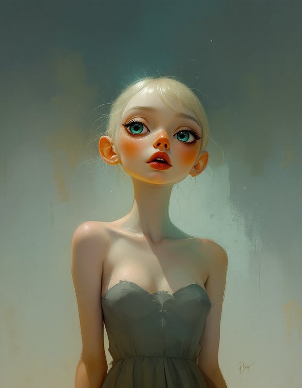 Stylized pop surrealism portrait of a platinum blonde young woman with large teal eyes, wearing a strapless muted green