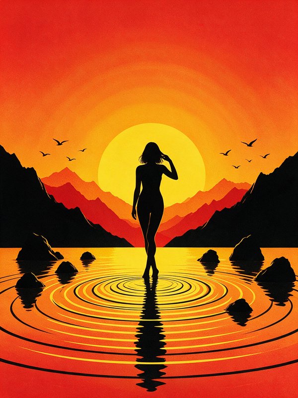 Silhouette of a woman standing in rippling lake water against a vibrant fiery sunset mountain landscape with flying birds