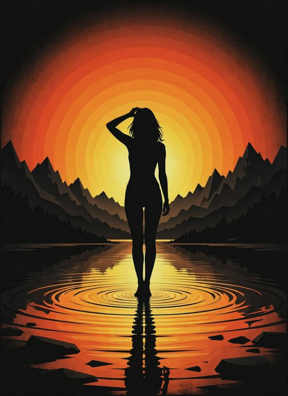 Silhouette of a woman standing barefoot in rippling mountain lake, backlit by concentric orange sunset behind jagged peaks.