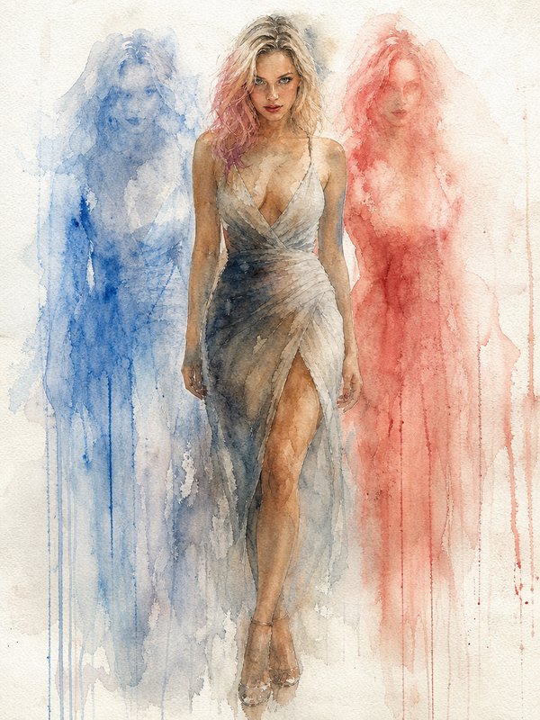 [Watercolor portrait of a central blonde woman in a draped gown, flanked by ethereal translucent blue and red spirit figures]