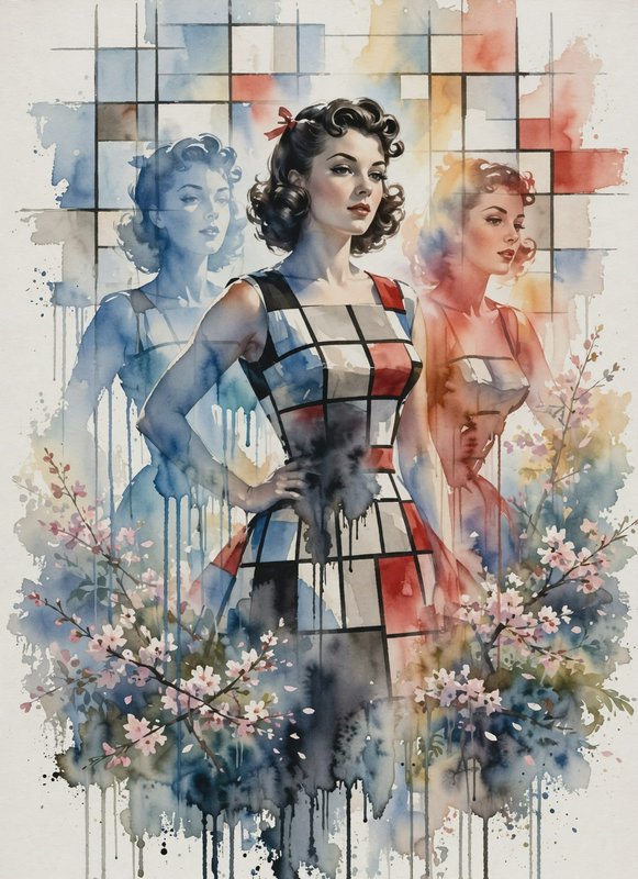 [Watercolor illustration of glamorous 1950s woman with translucent mirrored companions, cherry blossom accents and paint d...