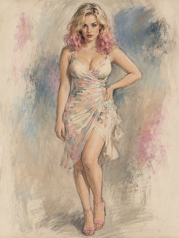 [Pastel sketch portrait of a woman with blonde pink-tipped hair, posed hand on hip in a sheer floral wrap dress and pink h...