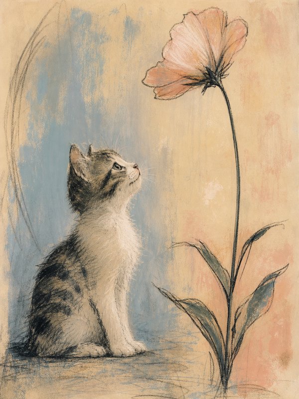 Soft pastel sketch of a fluffy tabby kitten sitting, gazing upward at a tall delicate peach flower.