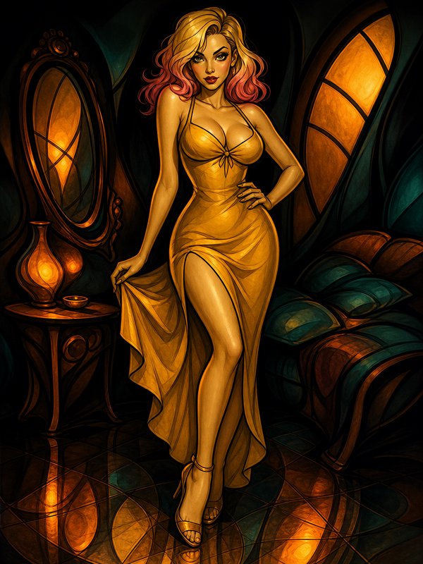 Stylized glamorous woman in golden evening gown poses in warm art deco stained-glass interior
