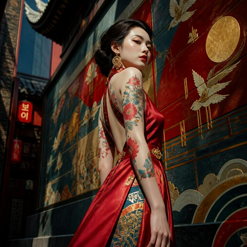 Elegant East Asian woman in red backless gown with floral arm tattoos poses beside ornate traditional painted temple wall.