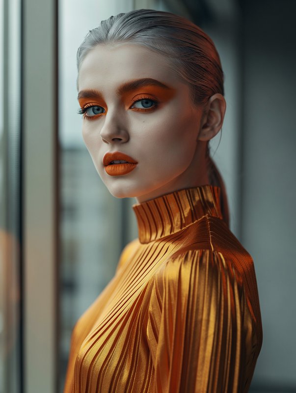 Closeup fashion portrait of a woman with sleek silver hair, bold orange makeup, and metallic gold pleated turtleneck top