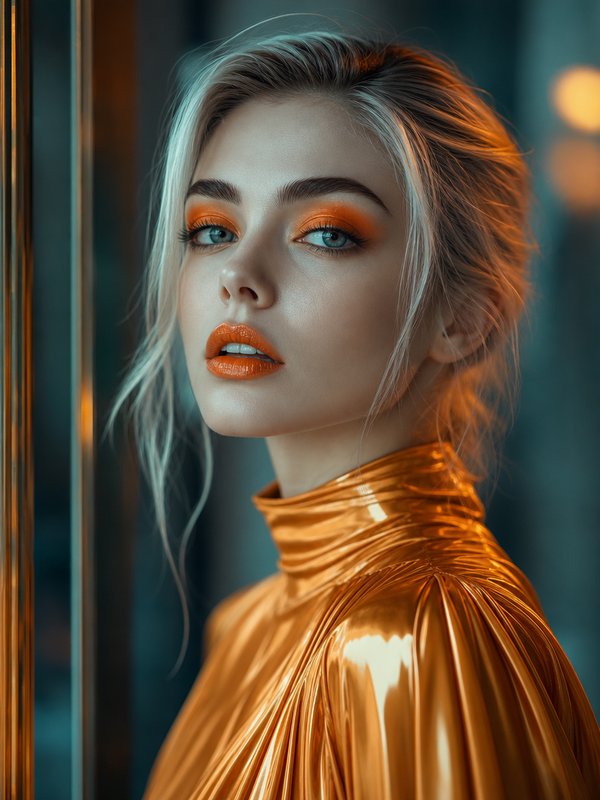 Close-up beauty portrait of platinum blonde woman with bold orange makeup wearing a metallic gold turtleneck, moody