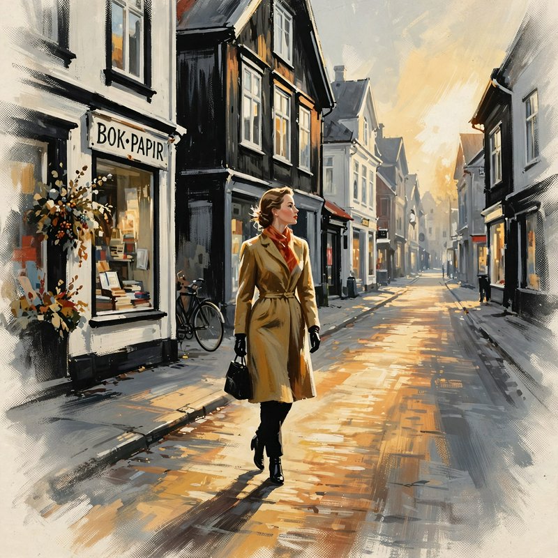 [Impressionist painting of a woman in a tan trench coat walking down a sunlit historic European town street at golden hour]