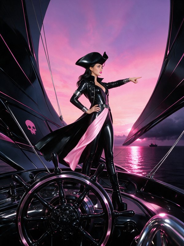 Glamorous female pirate captain stands at ship helm pointing, black sails with pink skull against pink-purple ocean sunset