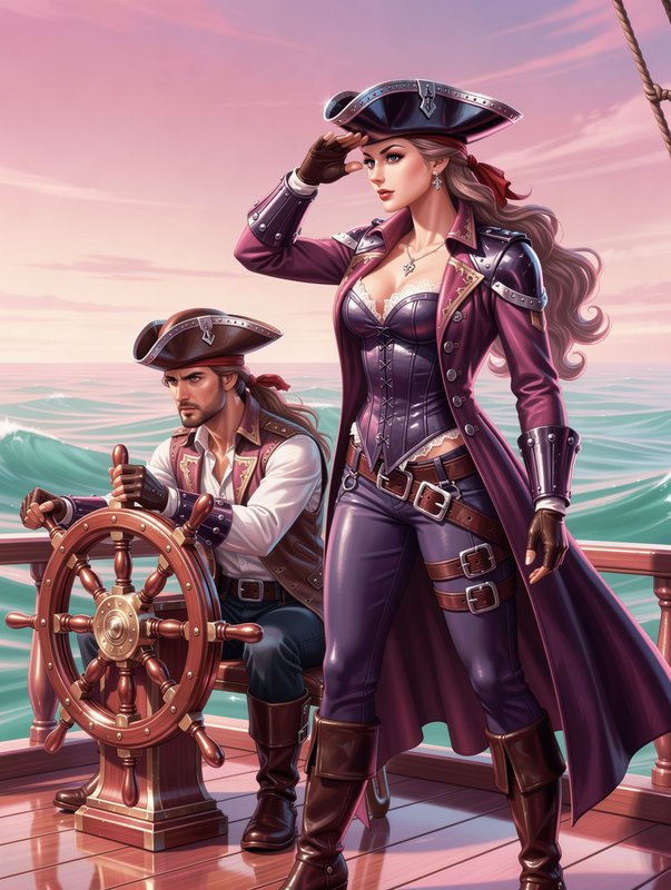 [Fantasy illustration of a female pirate captain and male helmsman standing on a ship deck over a pastel ocean sunset]