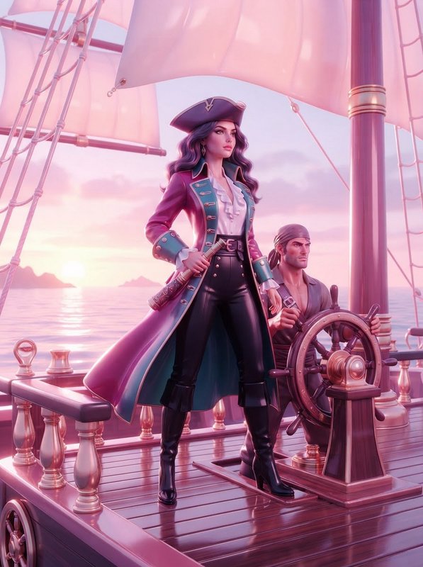 [Confident female pirate captain stands on galleon deck at pink sunset, crewman steers the ship beside her]