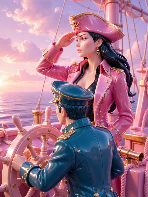 Glossy 3D render of a female pirate captain and ship officer on a pastel pink sailing ship overlooking a soft ocean sunset.