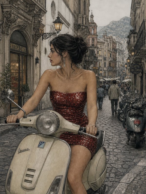 [Glamorous woman in red sequin strapless dress seated on a vintage cream Vespa on a cobblestone Italian city street]