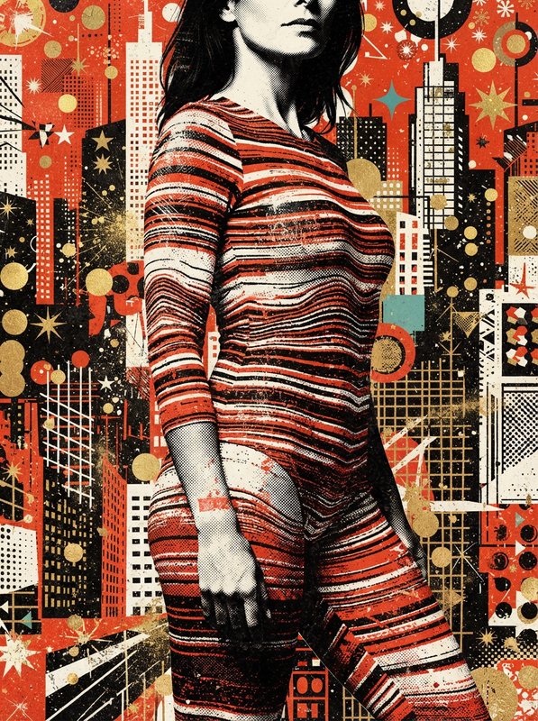 Graphic pop art collage of a woman in a striped dress against a retro red city skyline with gold starburst accents