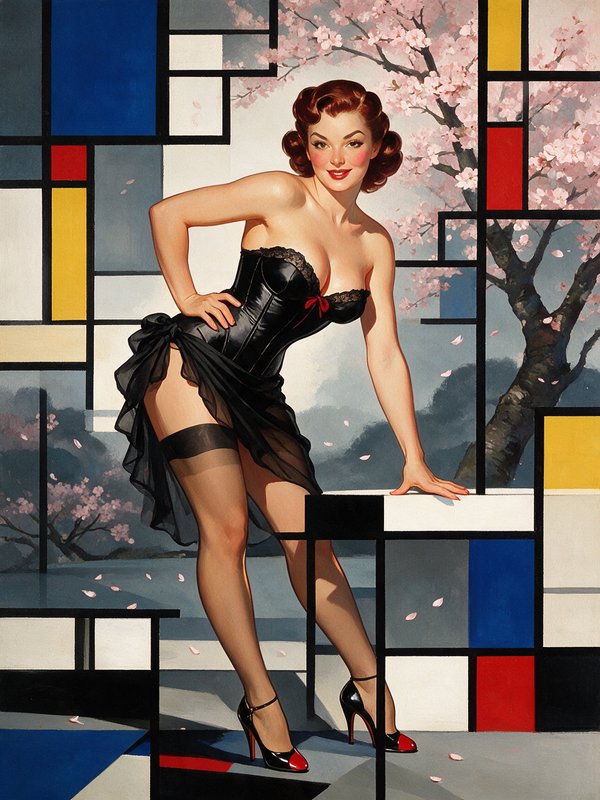 [Vintage red-haired pinup woman in a black corset posed against a Mondrian geometric grid backdrop with cherry blossom tre...