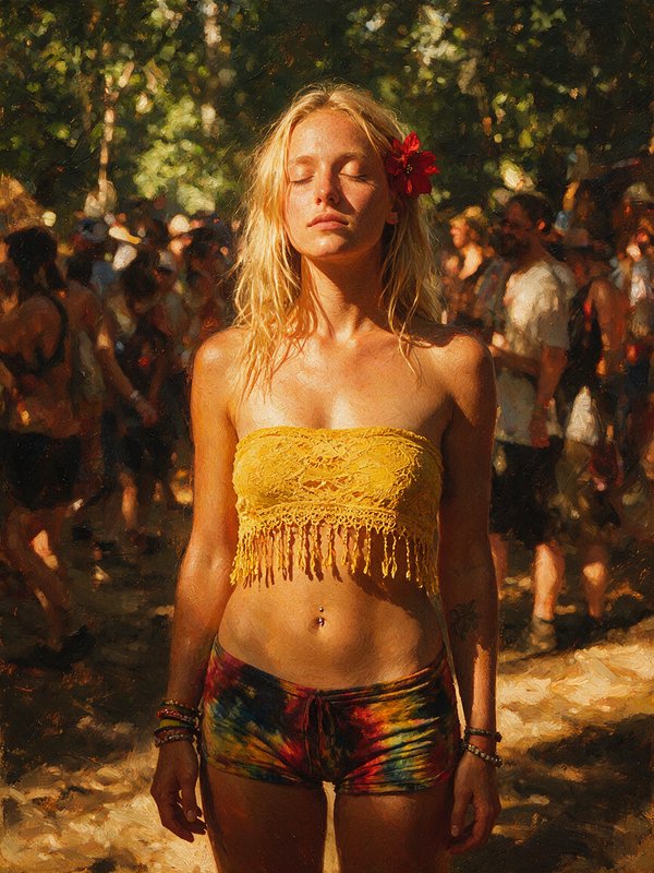 Painting of blonde festival woman with closed eyes, yellow lace top, red flower in hair, standing in sunlit outdoor
