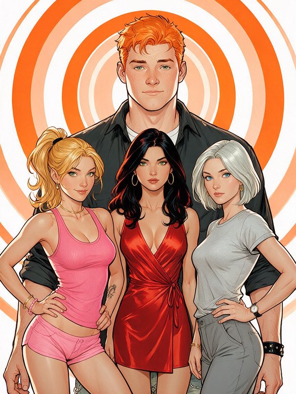 Modern comic style group portrait of a red-haired man standing behind three women against an orange concentric circle