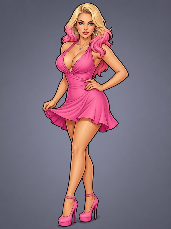 Cartoon pinup illustration of a glamorous woman with blonde-pink ombre hair in a pink mini dress, posed against a solid gr...