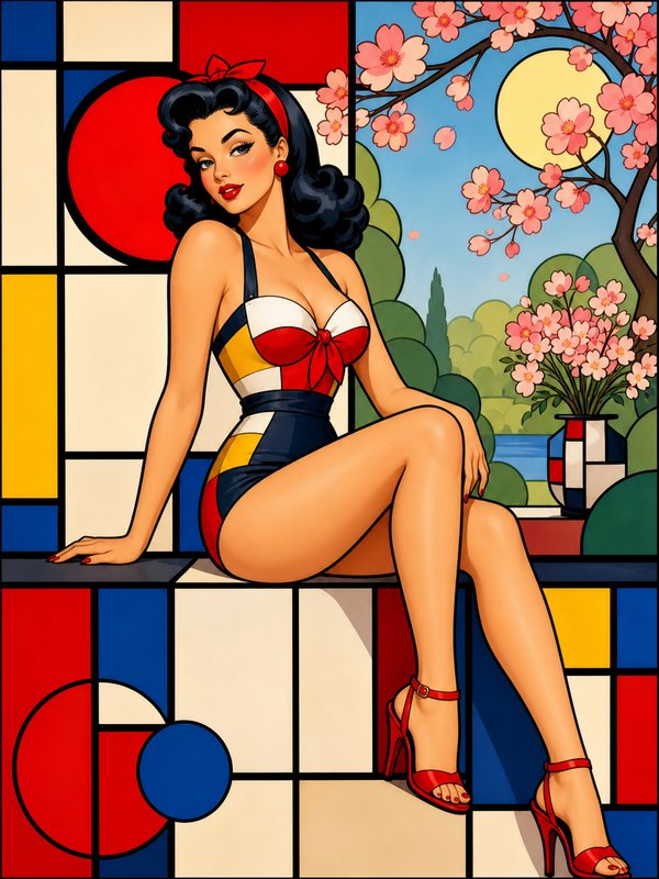 Retro pinup woman in Mondrian color-block swimsuit seated beside a cherry blossom spring landscape
