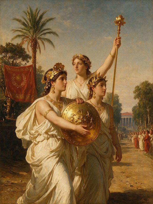 Neoclassical oil painting of three gowned ancient Greek figures with gold regalia leading a ceremonial procession.