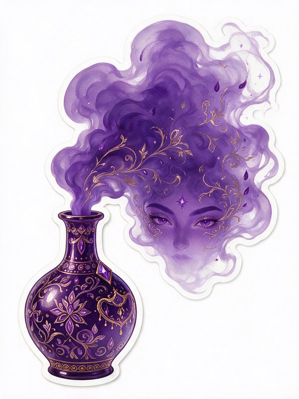 Ornate purple magic genie bottle releasing wispy smoke that forms an ethereal spirit face, fantasy sticker illustration