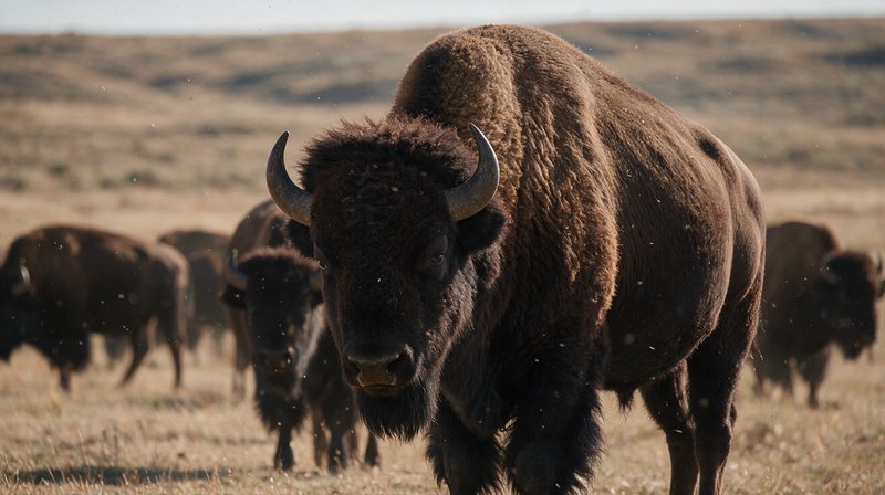 Close-up of a mature American bison facing the camera, with a herd of bison on sunlit dry prairie in the blurred background.