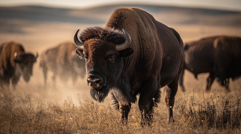 [Majestic American bison stands in sharp focus on dry prairie, with a blurred bison herd in golden hazy background]
