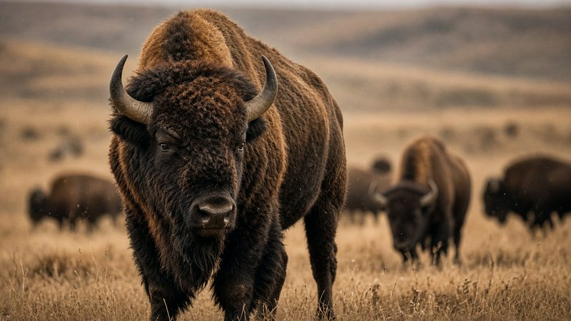 [Foreground American bison bull stares directly at the viewer, with a blurred bison herd spread across dry golden prairie ...