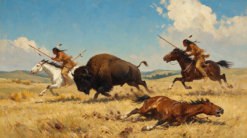 Dynamic oil painting of Native American buffalo hunters on horseback chasing a charging bison across sunlit Great Plains g...