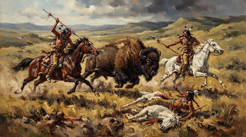 Dramatic Western oil painting of Plains Native American warriors on horseback pursuing a charging bison on open prairie.