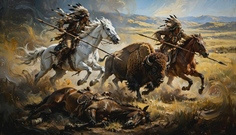 Dynamic oil painting of Native American hunters on horseback pursuing a bison on the Great Plains during a buffalo hunt.