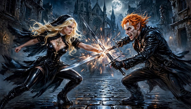 [Blonde warrior nun duels a red-haired vampire, clashing swords that spark on a foggy moonlit gothic city street.]