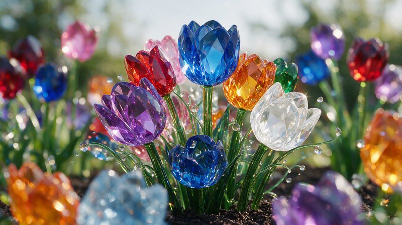 Close-up of sparkling multicolored faceted crystal tulip garden sculptures glinting in bright sunny outdoor light