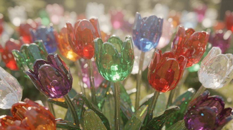 Close-up of colorful faceted crystal tulip sculptures in a sunlit garden, with soft blurred bokeh background.