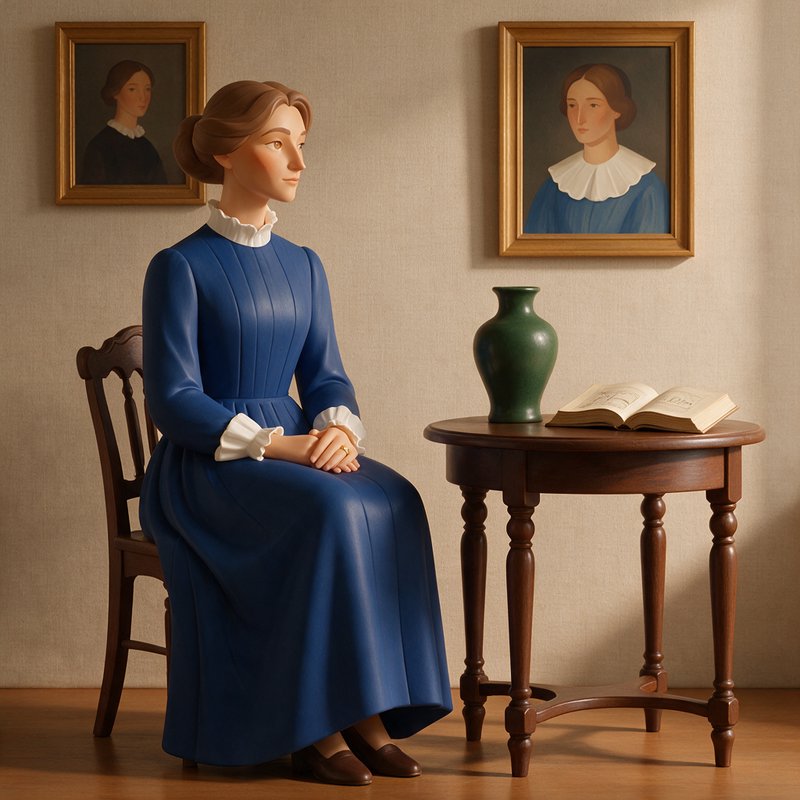 [Smooth stylized 3D figurine of a seated Victorian woman in a blue dress, in a sunlit vintage room with framed wall portra...