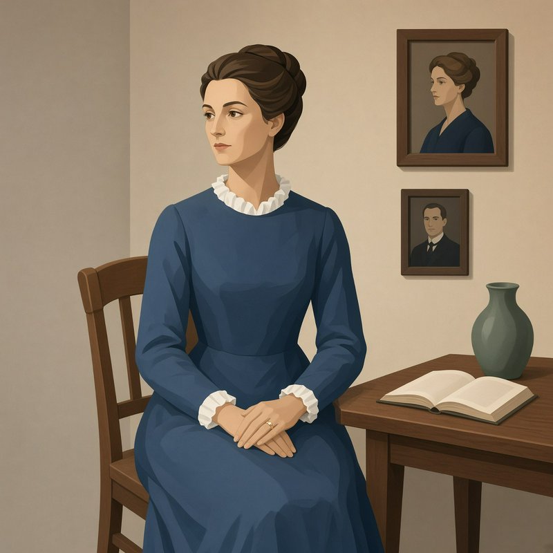 [Illustrated portrait of a pensive 19th century woman in a blue ruffled-collar dress seated in a quiet domestic room]