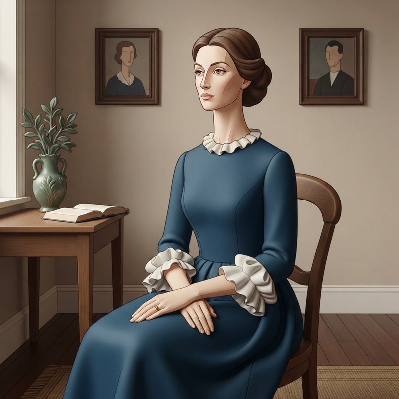 [Illustrated portrait of a poised seated Victorian woman in a blue ruffled dress in a quiet vintage home interior.]