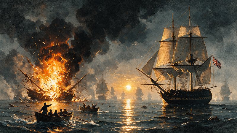 Historical naval battle at sunset, burning exploding tall ship next to British frigate, sailors in rowboats on choppy ocean.