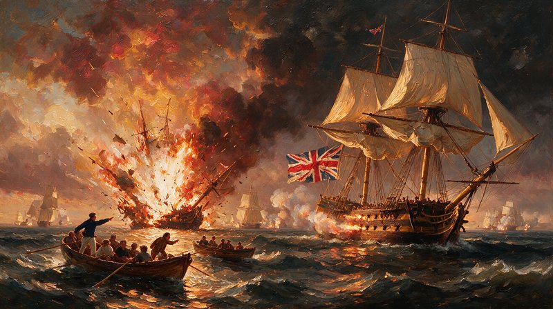 Dramatic oil painting of 18th century naval battle, British tall ship beside exploding burning vessel, rowboats in