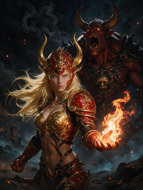 Blonde fantasy warrior in gilded red armor holds fire magic, horned demon looms behind her on smoldering battlefield.