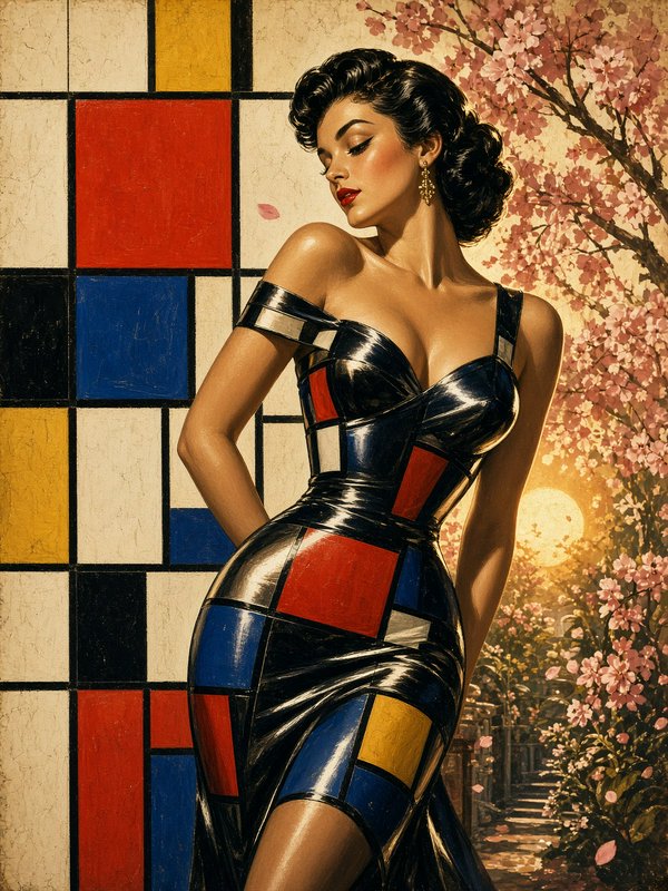 [Glamorous retro pinup woman in a Mondrian patterned glossy dress, posed against split geometric and cherry blossom backgr...